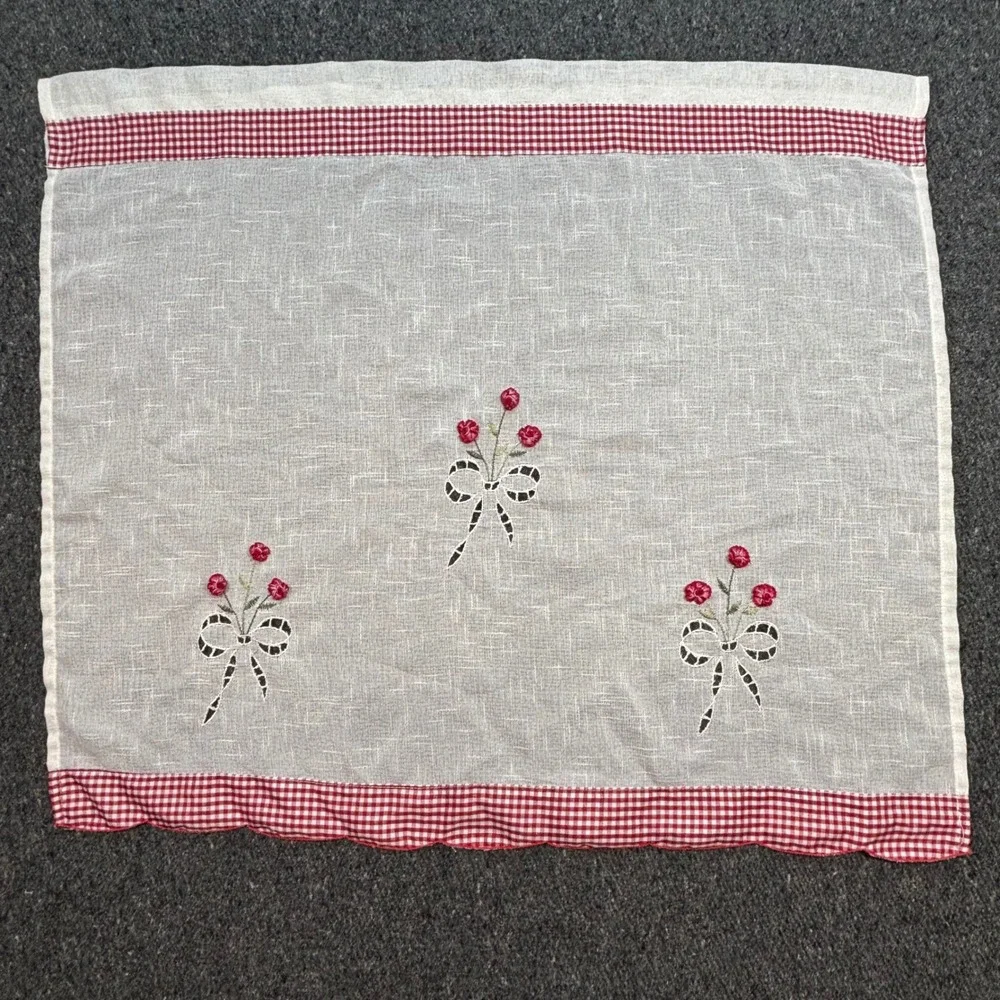 Vintage Kitchen Cafe Curtain Red Gingham White Floral Embroidery Boho Farmhouse